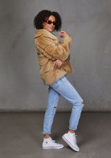 [Color: Camel] Ultra luxe faux fur mink jacket. Featuring a silky lining, an incredibly soft hand feel, and essential side pockets. 