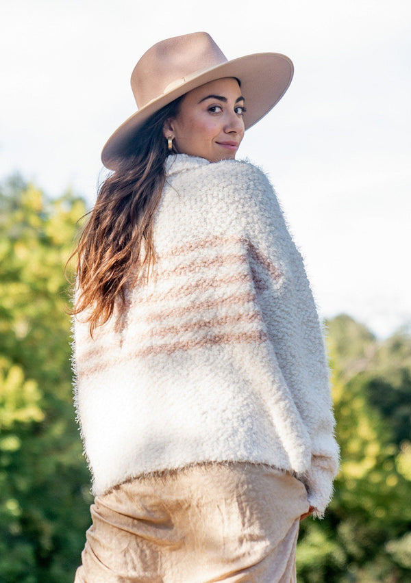 [Color: Cream Blush] An effortlessly chic pullover featuring long sleeves, a warm mock neck, and a fuzzy popcorn texture that has a buttery soft hand feel. The classic all around stripe detail adds a cool touch to this must have pullover for Fall.