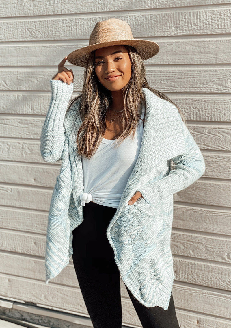 [Color: Sky/Ivory] A beautiful chunky knit cardigan with a shawl collar and ribbed detail. 