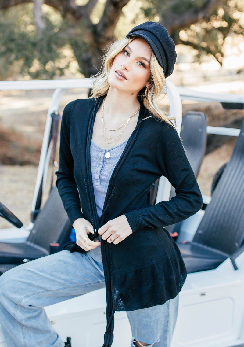 [Color: Black] A casual black open front classic light cardigan.