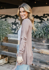 [Color: Mocha] A casual tan open front classic light cardigan.