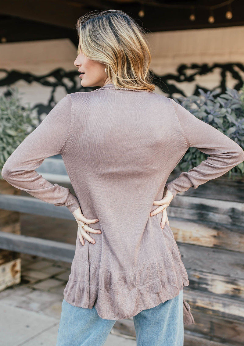 [Color: Mocha] A casual tan open front classic light cardigan.