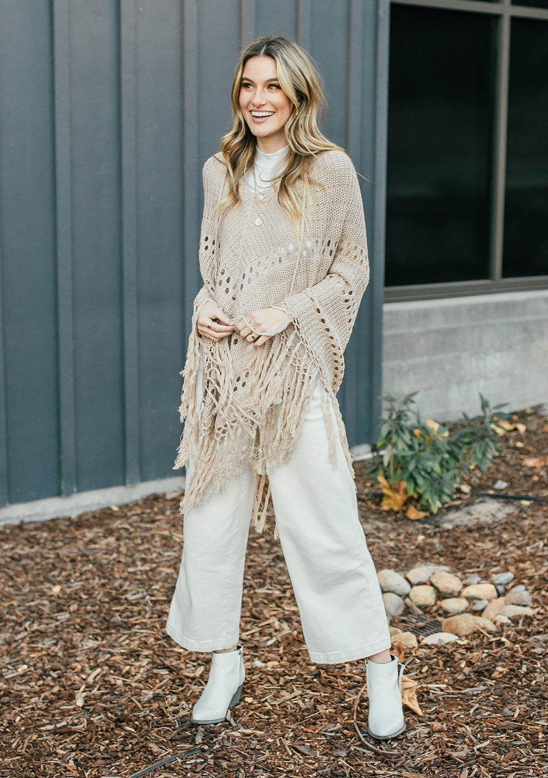 [Color: Mushroom]  An ultra bohemian crochet fringed tan poncho sweater.