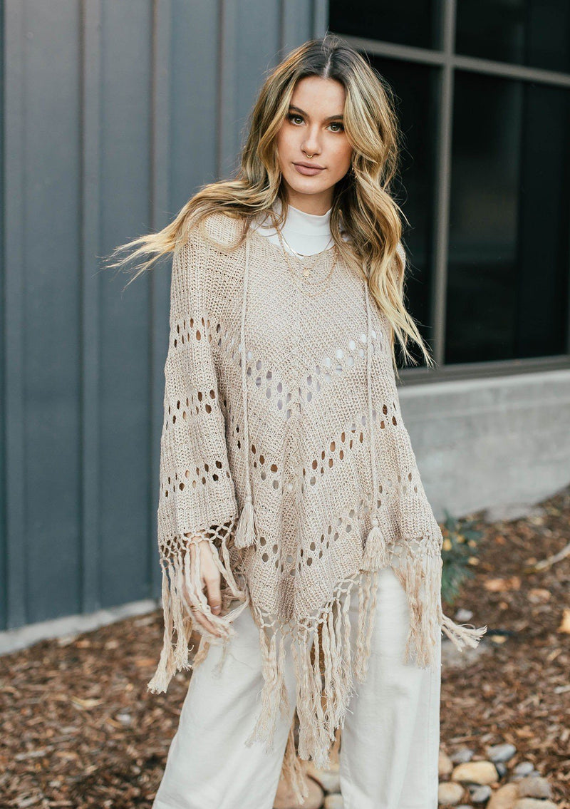 [Color: Mushroom]  An ultra bohemian crochet fringed tan poncho sweater.