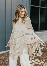 [Color: Mushroom]  An ultra bohemian crochet fringed tan poncho sweater.