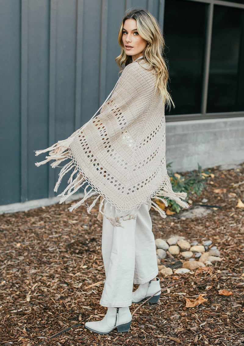 [Color: Mushroom]  An ultra bohemian crochet fringed tan poncho sweater.