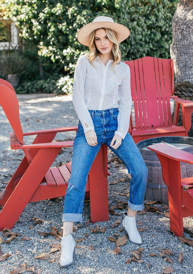 [Color: Ivory] Girl wearing a vintage inspired long sleeve button down top.