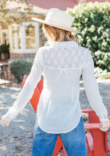 [Color: Ivory] Girl wearing a vintage inspired long sleeve button down top.