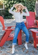 [Color: Ivory] Girl wearing a vintage inspired long sleeve button down top.