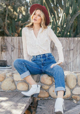 [Color: Champagne/Ivory] A white button front top with white lace trim detail.