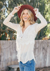 [Color: Champagne/Ivory] A white button front top with white lace trim detail.