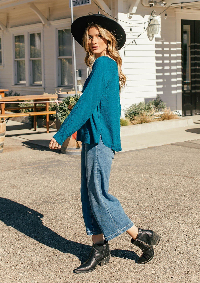 [Color: Dark Turquoise] Girl wearing a beautiful flowy bohemian peasant top.