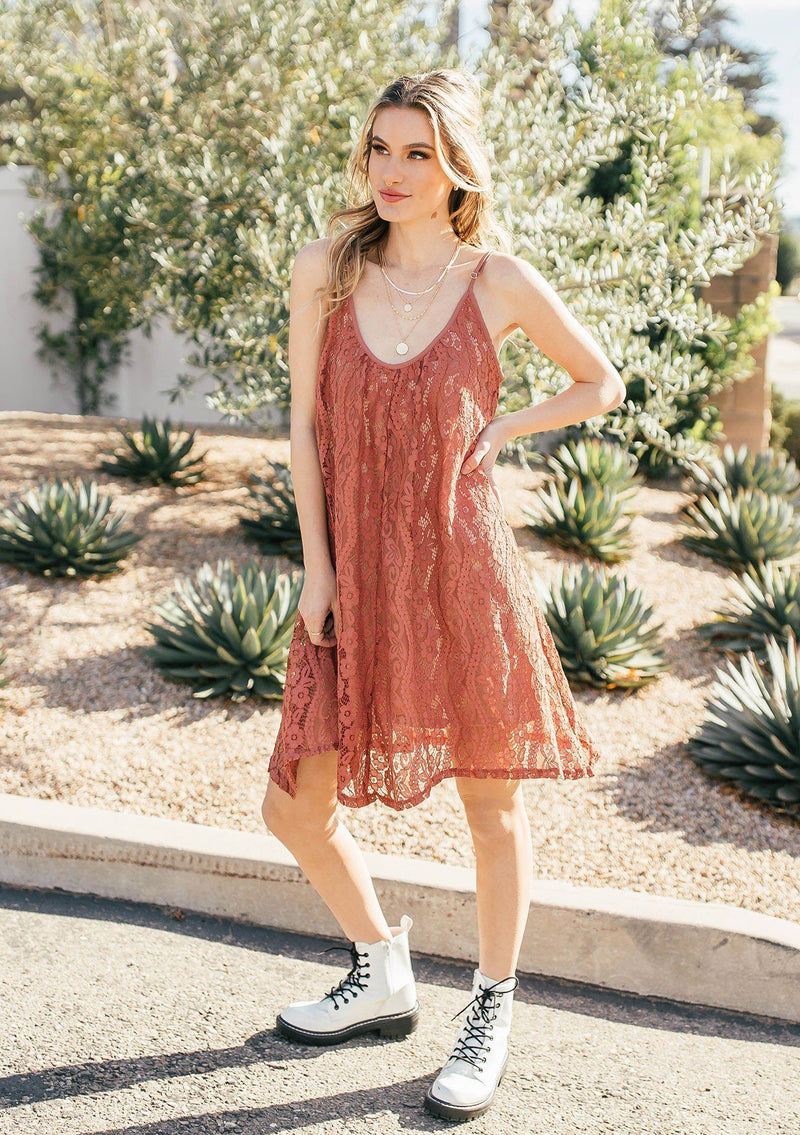 [Color: Spice] A sleeveless lace mini dress featuring a flattering scooped neckline and tent silhouette. 