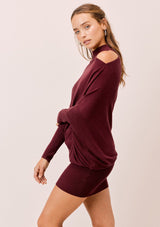 [Color: Burgundy] Lovestitch black mock neck, cold shoulder asymmetrical sweater dress.