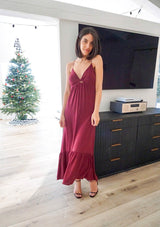 [Color: Merlot] A stunning sleeveless tiered maxi dress, featuring a sexy back cutout, a flattering empire waist, and a flirty v neckline with twist detail.