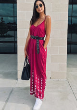 [Color: Wine] Bohemian V neck maxi dress with side pockets and a scoop back detail