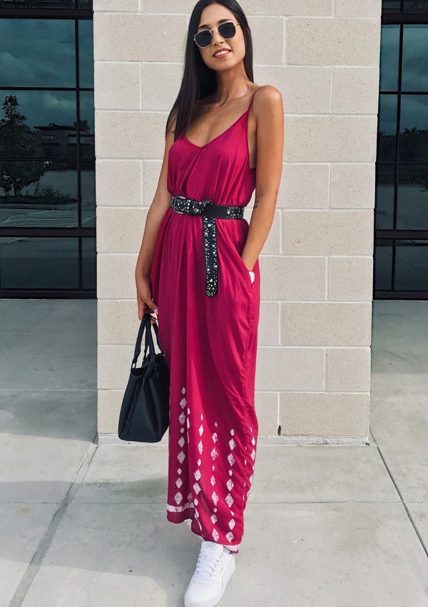 [Color: Wine] Bohemian V neck maxi dress with side pockets and a scoop back detail