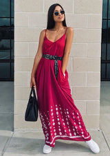 [Color: Wine] Bohemian V neck maxi dress with side pockets and a scoop back detail