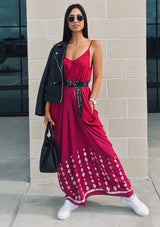 [Color: Wine] Bohemian V neck maxi dress with side pockets and a scoop back detail