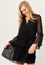 [Color: Black] Lovestitch bohemian chic sheer black swiss dot mini dress with long bell sleeves and a split V neckline with crochet hem.