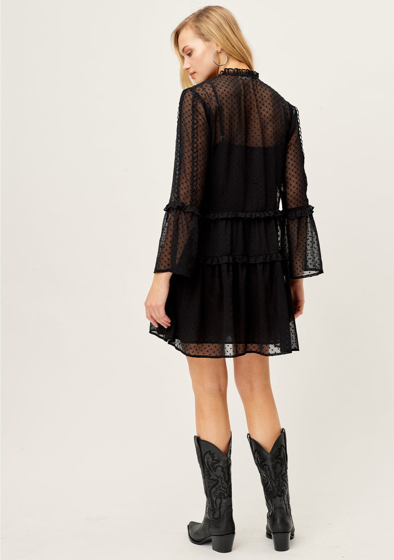 [Color: Black] Lovestitch bohemian chic sheer black swiss dot mini dress with long bell sleeves and a split V neckline with crochet hem.