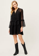 [Color: Black] Lovestitch bohemian chic sheer black swiss dot mini dress with long bell sleeves and a split V neckline with crochet hem.