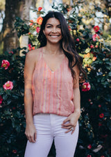 [Color: Dusty Rose] Girl wearing a pretty pink metallic striped tank top.