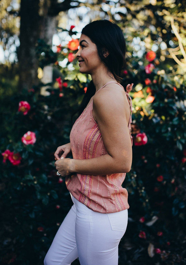 [Color: Dusty Rose] Girl wearing a pretty pink metallic striped tank top.