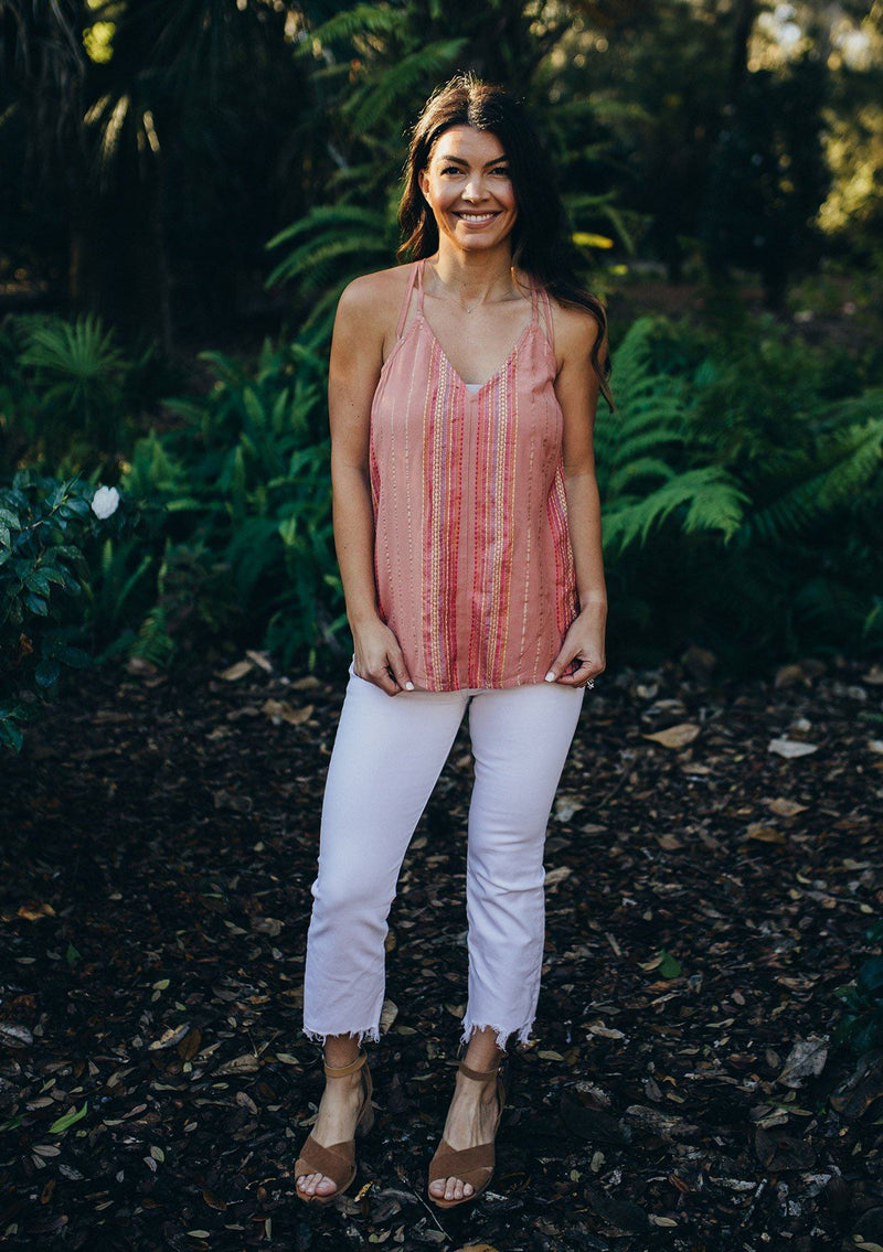 [Color: Dusty Rose] Girl wearing a pretty pink metallic striped tank top.