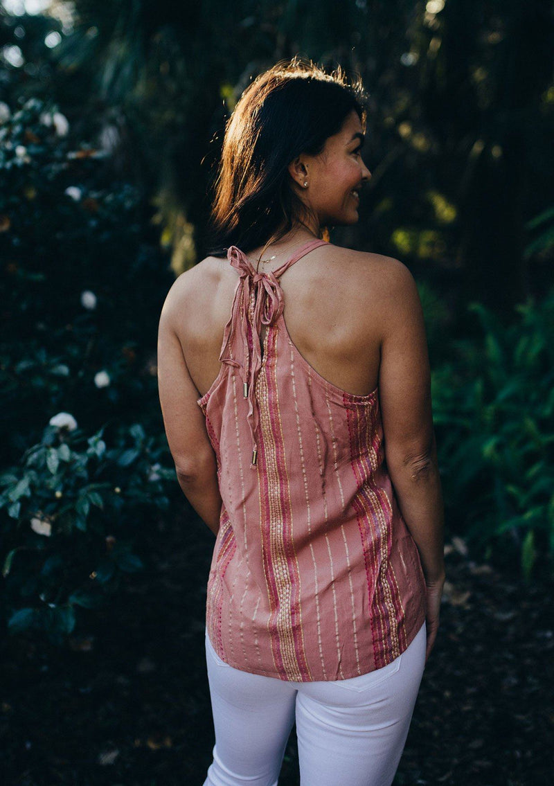 [Color: Dusty Rose] Girl wearing a pretty pink metallic striped tank top.