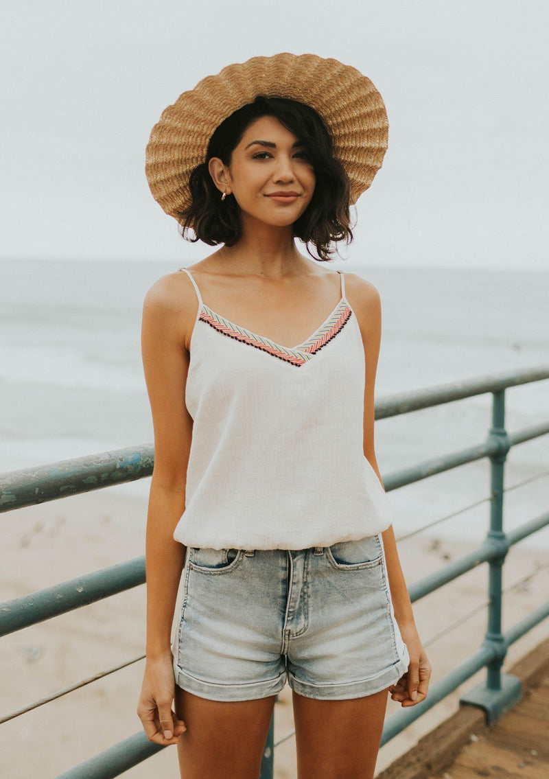 [Color: Natural/Multi] Lovestitch lightweight, embroidered neck cami.