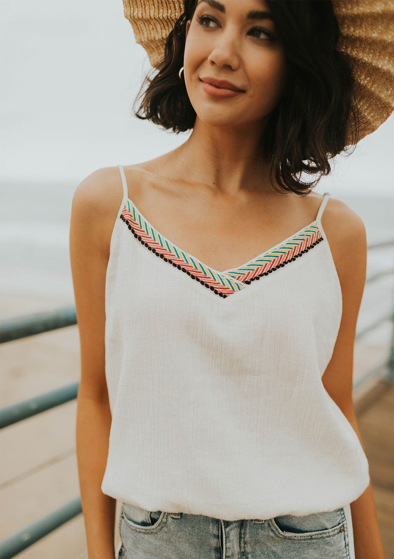 [Color: Natural/Multi] Lovestitch lightweight, embroidered neck cami.