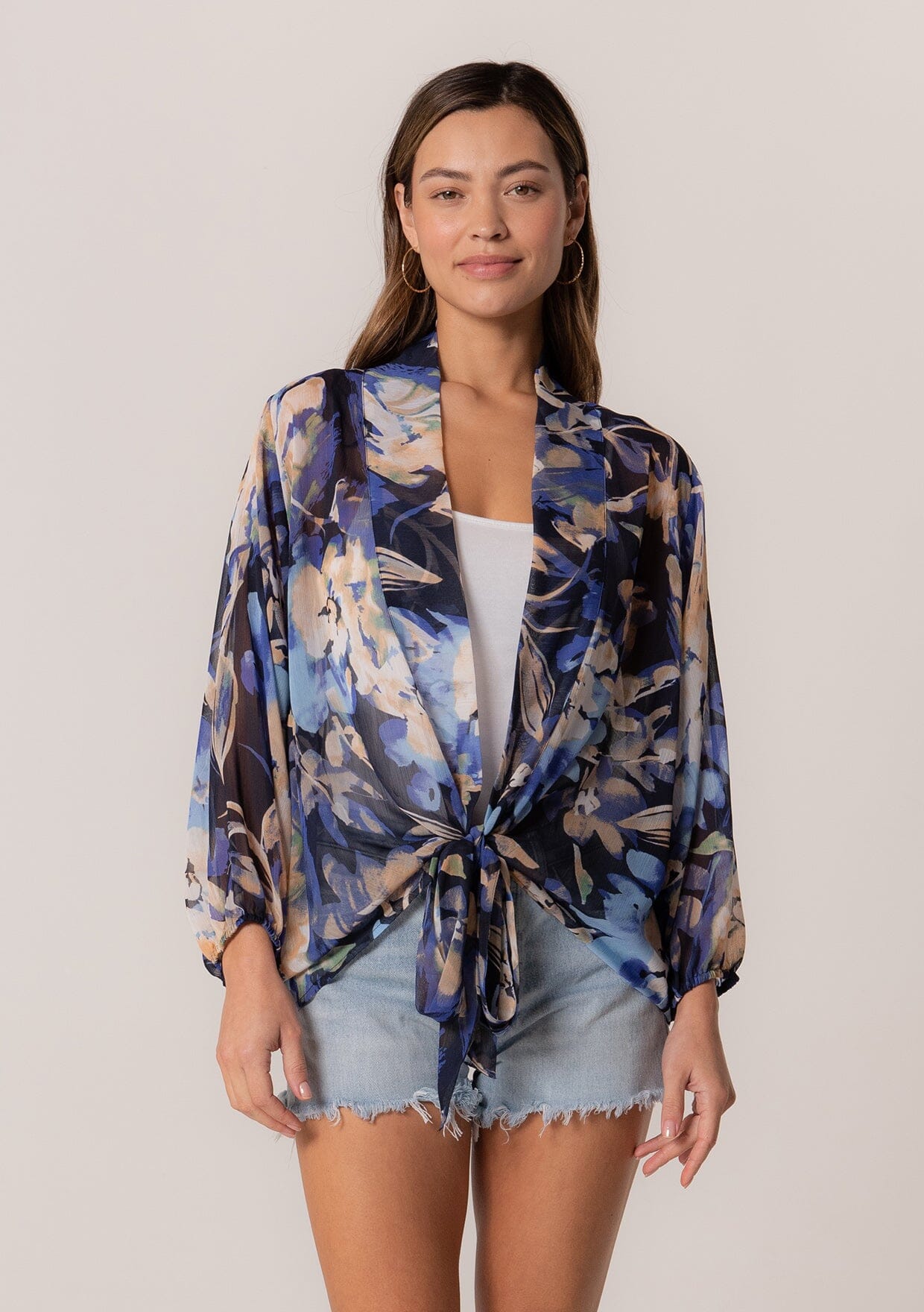 Women's Blue Floral Chiffon Tie Front Top | LOVESTITCH