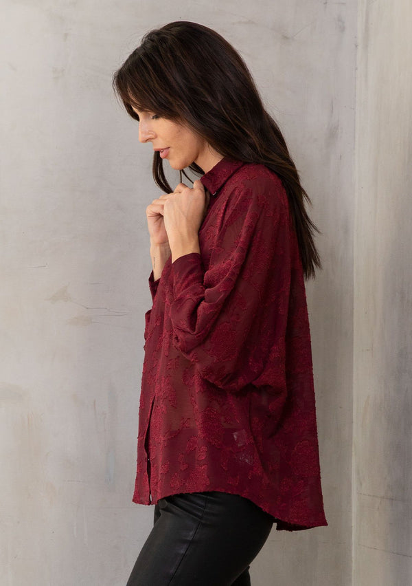 [Color: Burgundy] Lovestitch burgundy dolman sleeve, jacquard chiffon button down blouse.