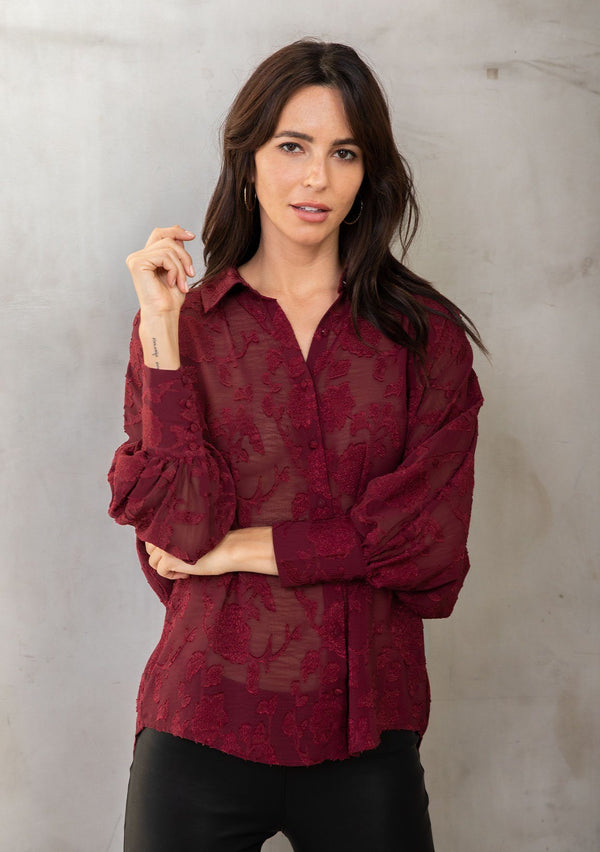 [Color: Burgundy] Lovestitch burgundy dolman sleeve, jacquard chiffon button down blouse.