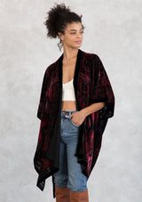 [Color: Burgundy/Black] Lovestitch gorgeous, festive, velvet kimono with side slits.