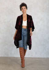 [Color: Burgundy/Black] Lovestitch gorgeous, festive, velvet kimono with side slits.