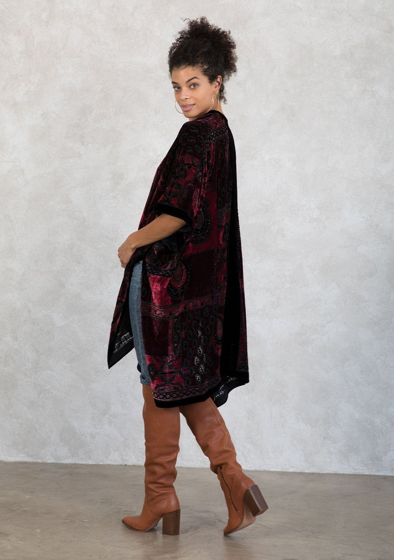 [Color: Burgundy/Black] Lovestitch gorgeous, festive, velvet kimono with side slits.