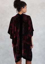 [Color: Burgundy/Black] Lovestitch gorgeous, festive, velvet kimono with side slits.