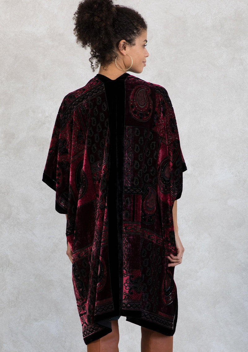 [Color: Burgundy/Black] Lovestitch gorgeous, festive, velvet kimono with side slits.