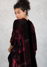 [Color: Burgundy/Black] Lovestitch gorgeous, festive, velvet kimono with side slits.