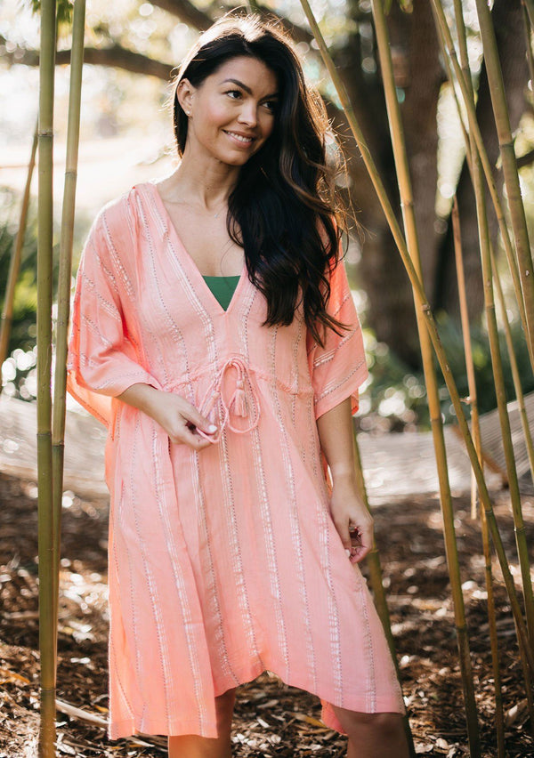 [Color: Coral/Silver] Lovestitch beautiful bohemian beach caftan dress that doubles as a swimsuit cover up. Flattering kimono sleeves, slimming tassel tie cinched waist, lightweight fabric. The perfect bohemian mermaid beach dress!