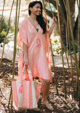 [Color: Coral/Silver] Lovestitch beautiful bohemian beach caftan dress that doubles as a swimsuit cover up. Flattering kimono sleeves, slimming tassel tie cinched waist, lightweight fabric. The perfect bohemian mermaid beach dress!