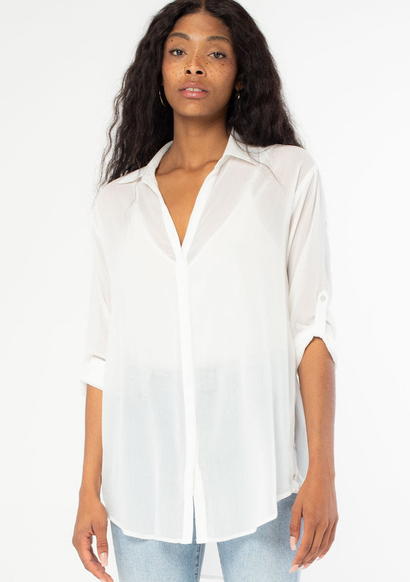 Women's Sheer Shirt - White Chiffon Button Up Shirt