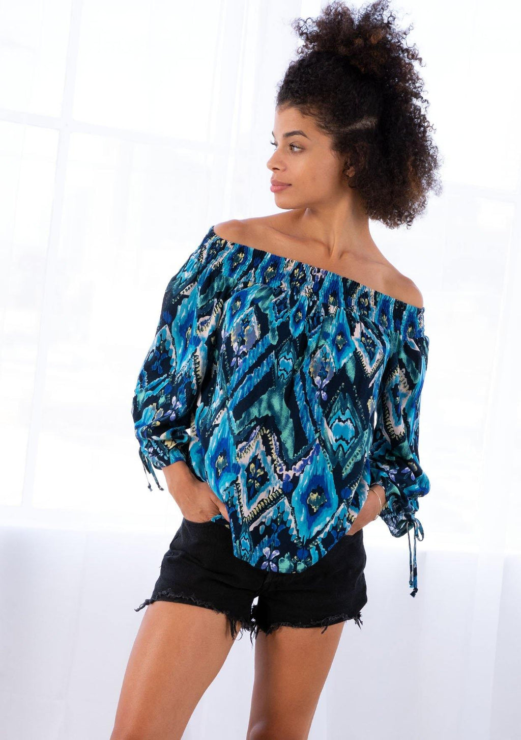 Tropical Geo Print Off Shoulder Top | LOVESTITCH