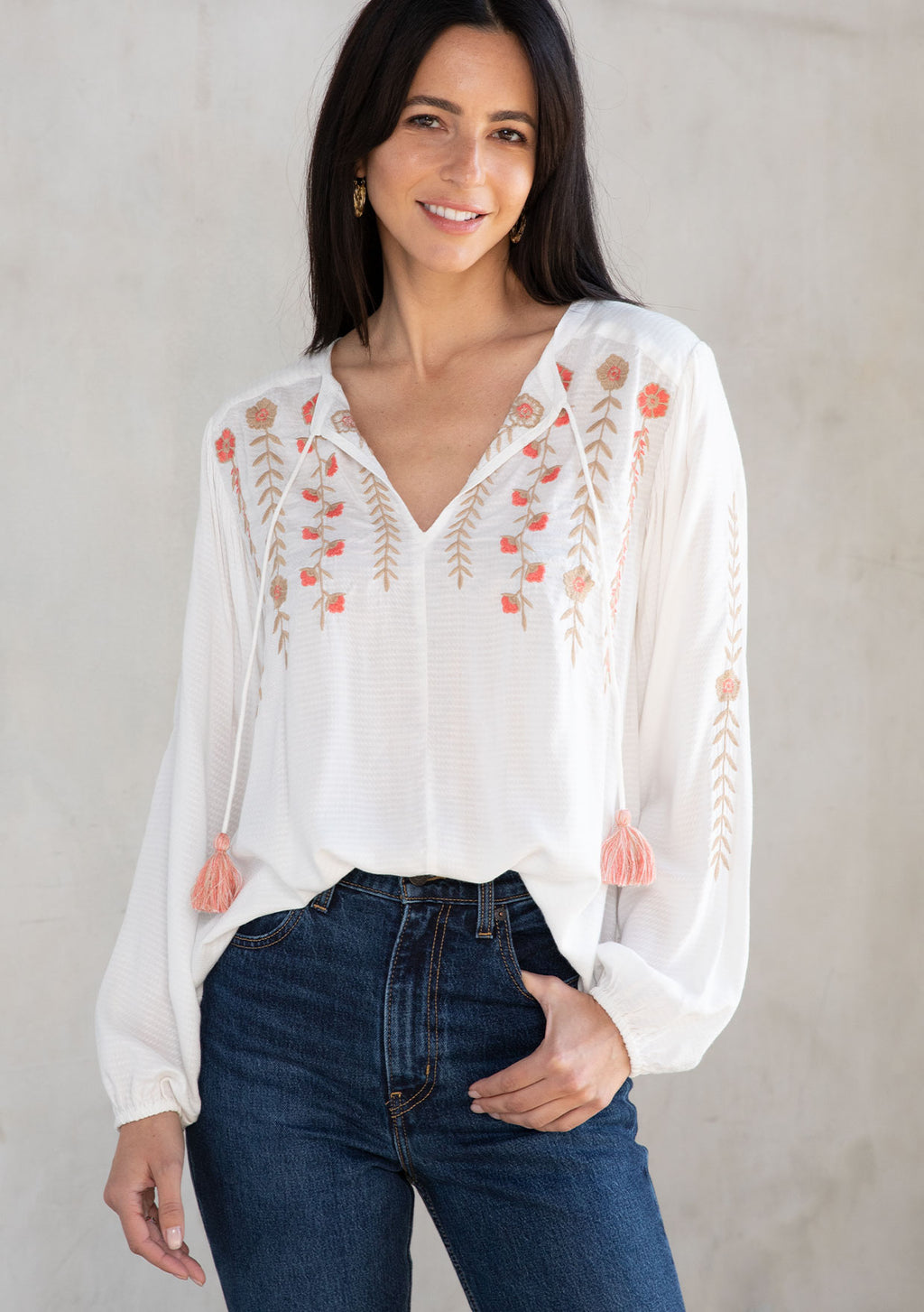 Tassel Tie Embroidered Blouse  Ladies tops fashion, Trendy fashion tops,  Girls fashion clothes