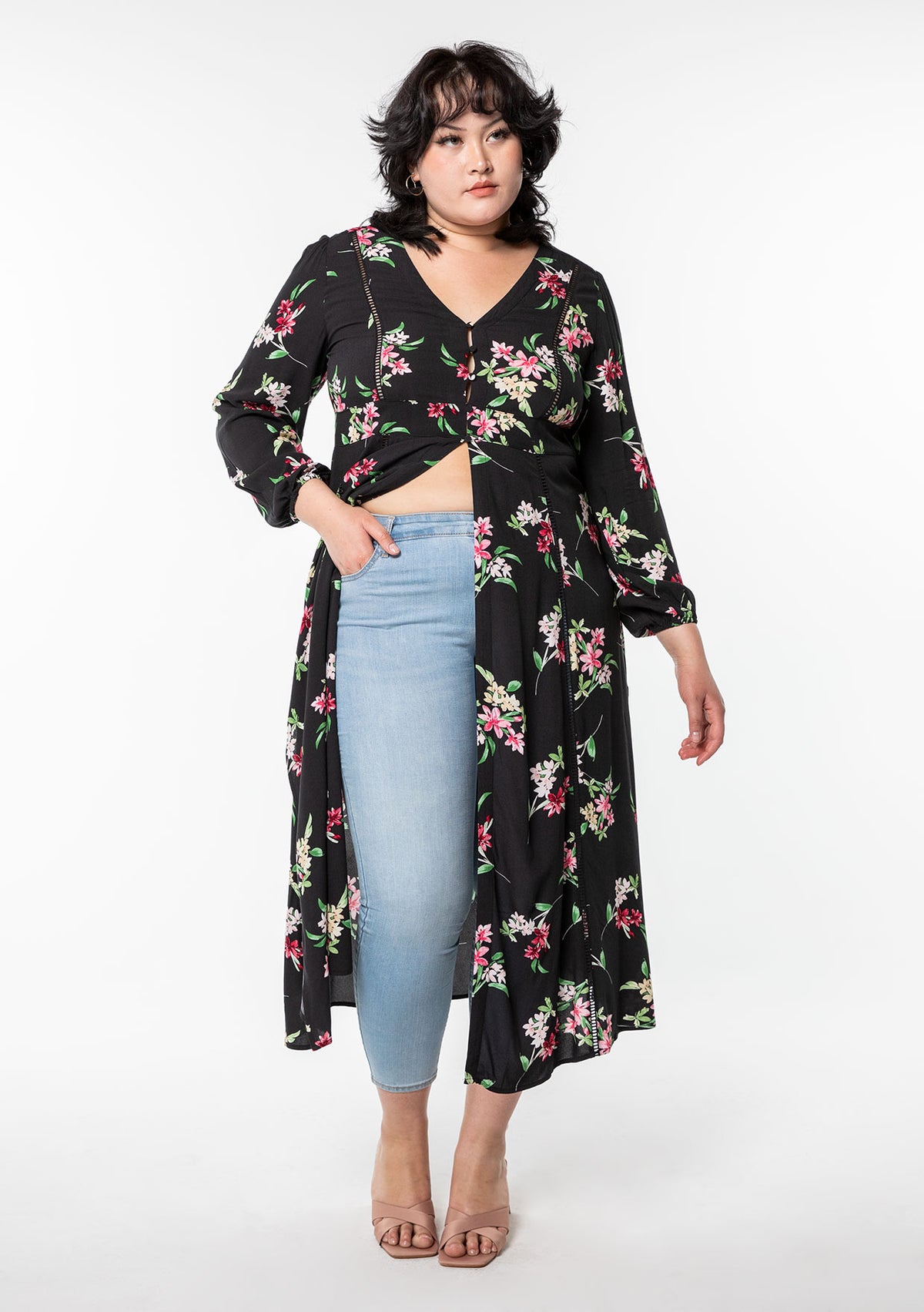 Atmosphere Floral High Low Duster Kimono Cardigan L outlet Black Multi