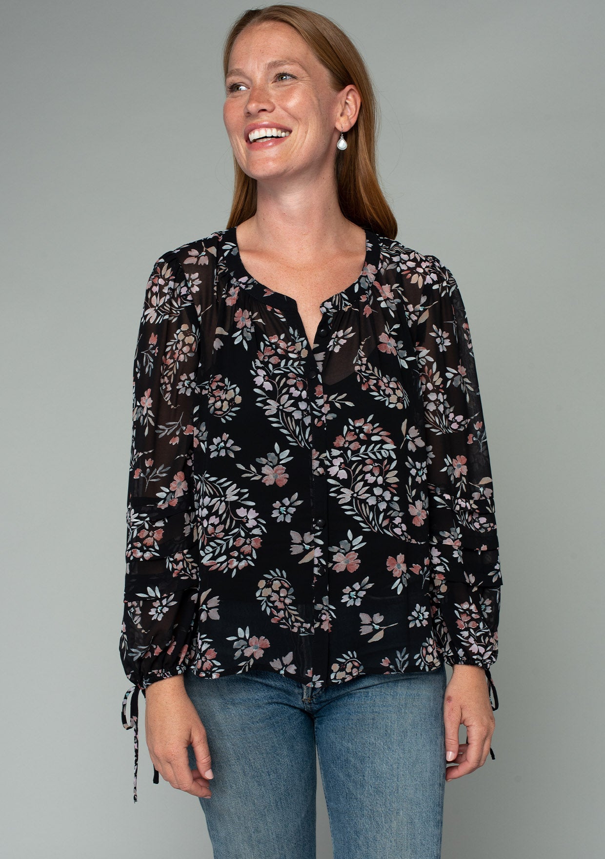 Women's Top - Long Sleeve Black & Pink Floral Blouse | LOVESTITCH