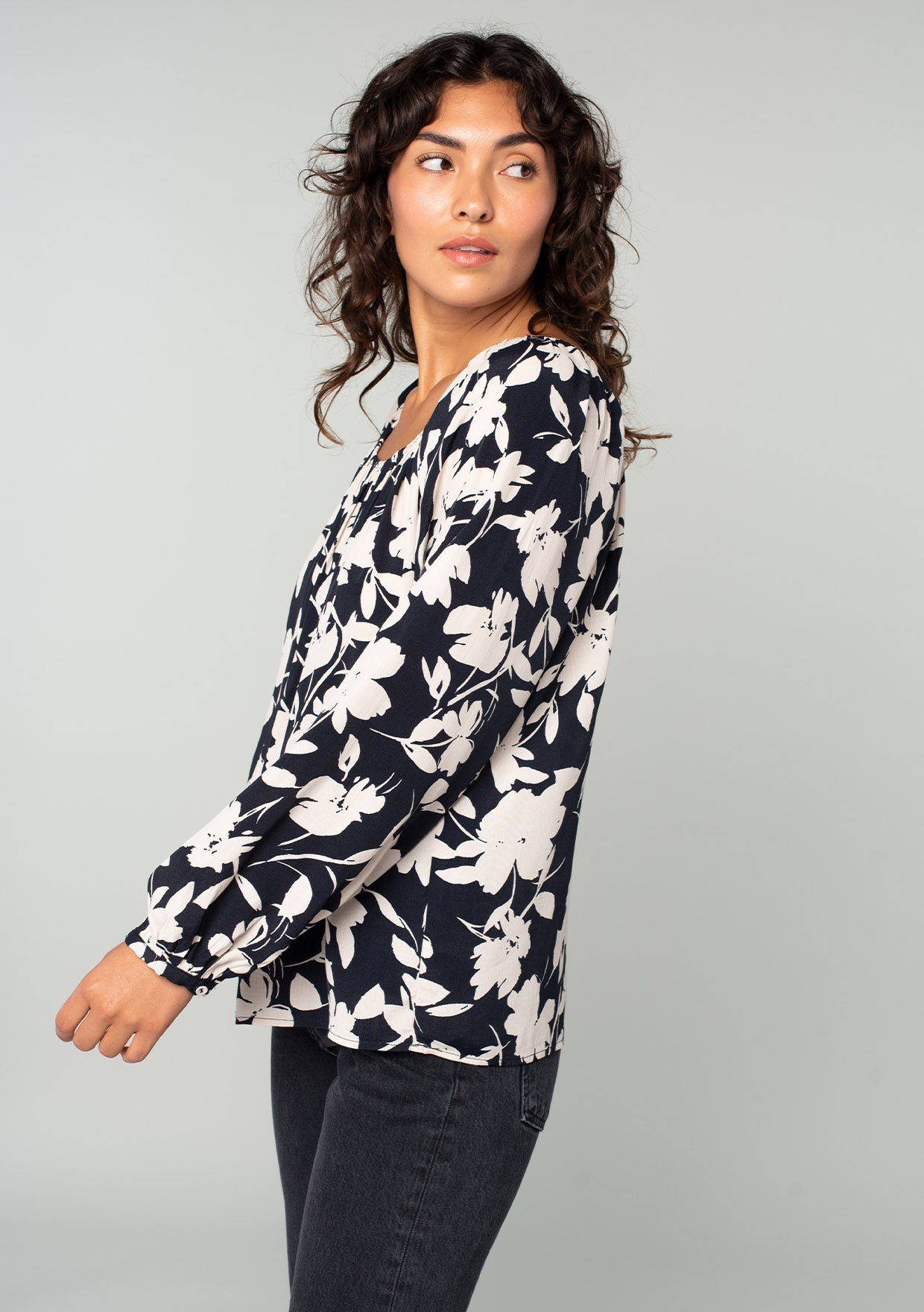 Women's Long Sleeve Black & Natural Floral Blouse - LOVESTITCH