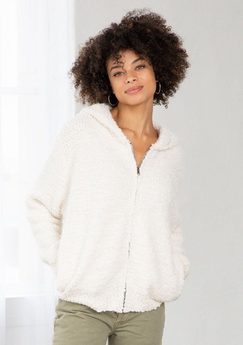 Hooded Reversible Soft Sherpa Teddy Bear Sweater Jacket-Off White & Beige